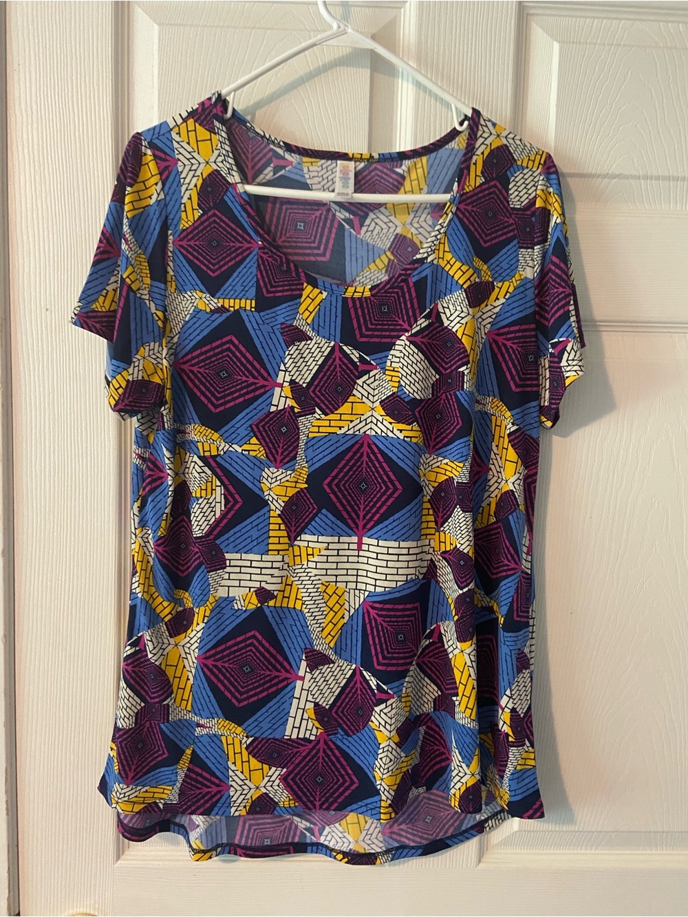 LuLaRoe Geometric Short Sleeve Top in Blue, Purple & Yellow